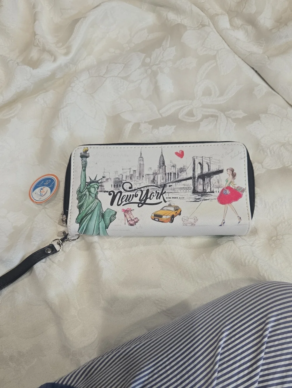 White New York Printed Zip-Around Wristlet Wallet